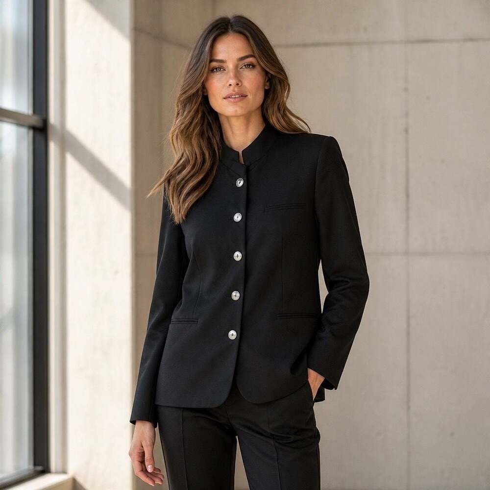 harvé benard Petites Black Mandarin Collar Button-Front Blazer Jacket